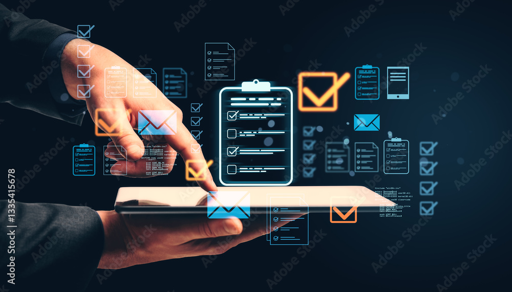 Poster Digital document management concept with virtual checklist icons.