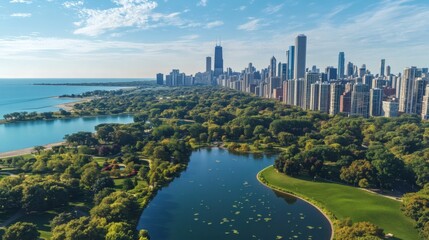 Obraz premium Aerial view of a city with park and water nearby