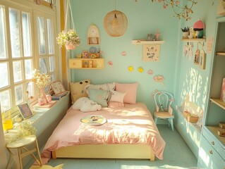A cozy bedroom decorated with floral arrangements and decorative elements