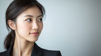 A beautiful young woman with dark hair looking away gently