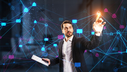 Businessman interacting with a virtual email network interface.