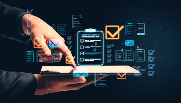 Digital document management concept with virtual checklist icons.