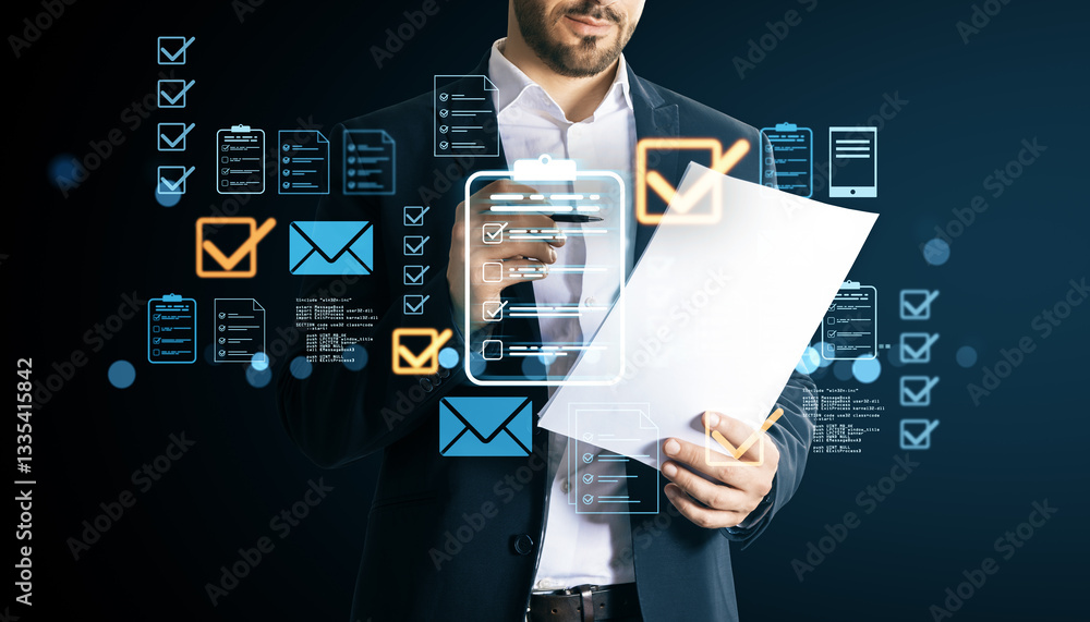 Poster businessman analyzing digital document management system interface.
