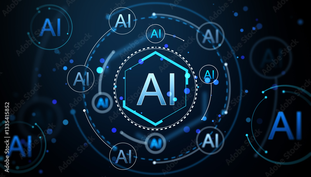 Poster ai technology concept with glowing neon blue symbols on futuristic digital background. 3d rendering