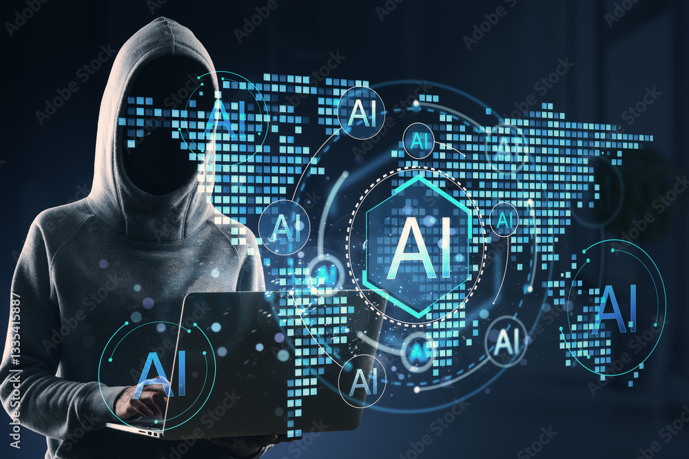Aufkleber Anonymous hacker in hoodie using laptop with AI digital world map and neon blue futuristic interface elements in dark background.
