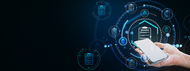 Digital document management system with checklist icons floating above a smartphone.