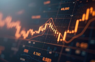 Candlestick chart pattern design in orange color with business financial growth. Stock market analysis datum background concept. Finance data visualization, stock exchange rates and investment charts.