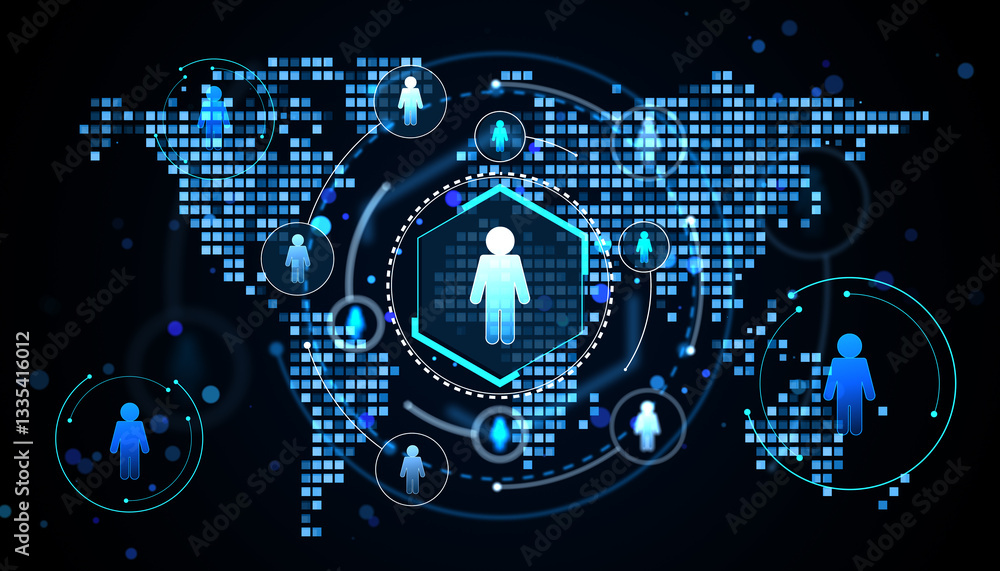 Poster Digital global networking concept with holographic human icons on abstract world map background. 3D Rendering