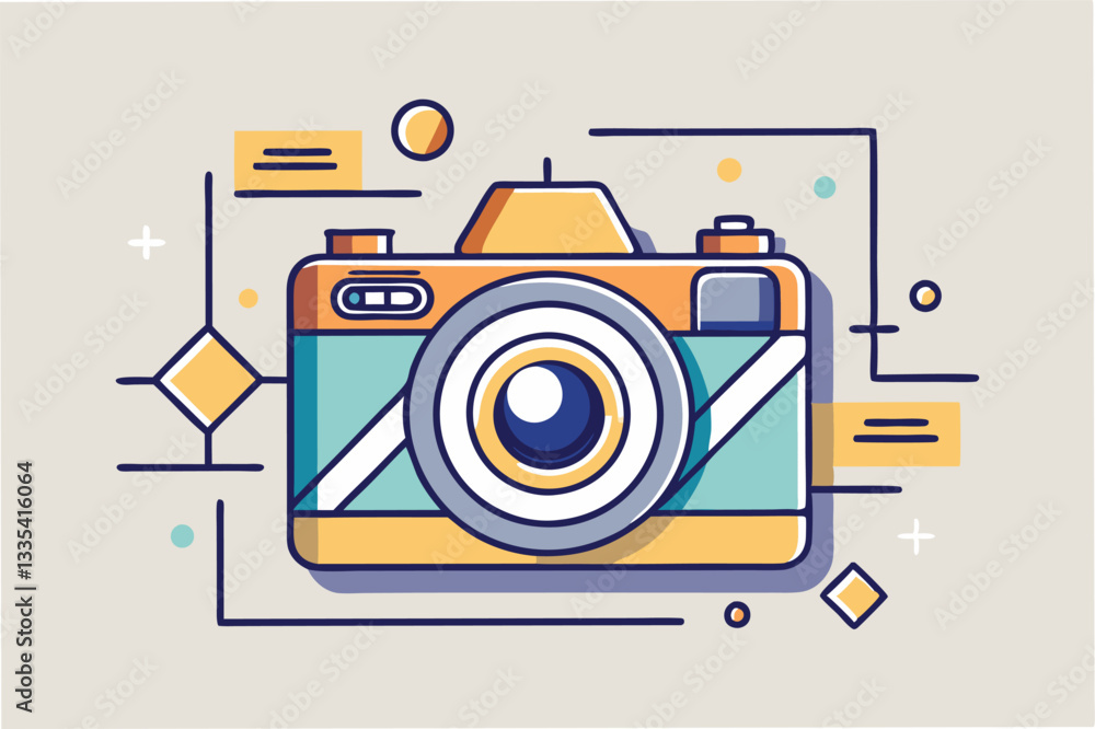 Poster Creative vector illustration of a colorful camera with geometric shapes in a modern design style