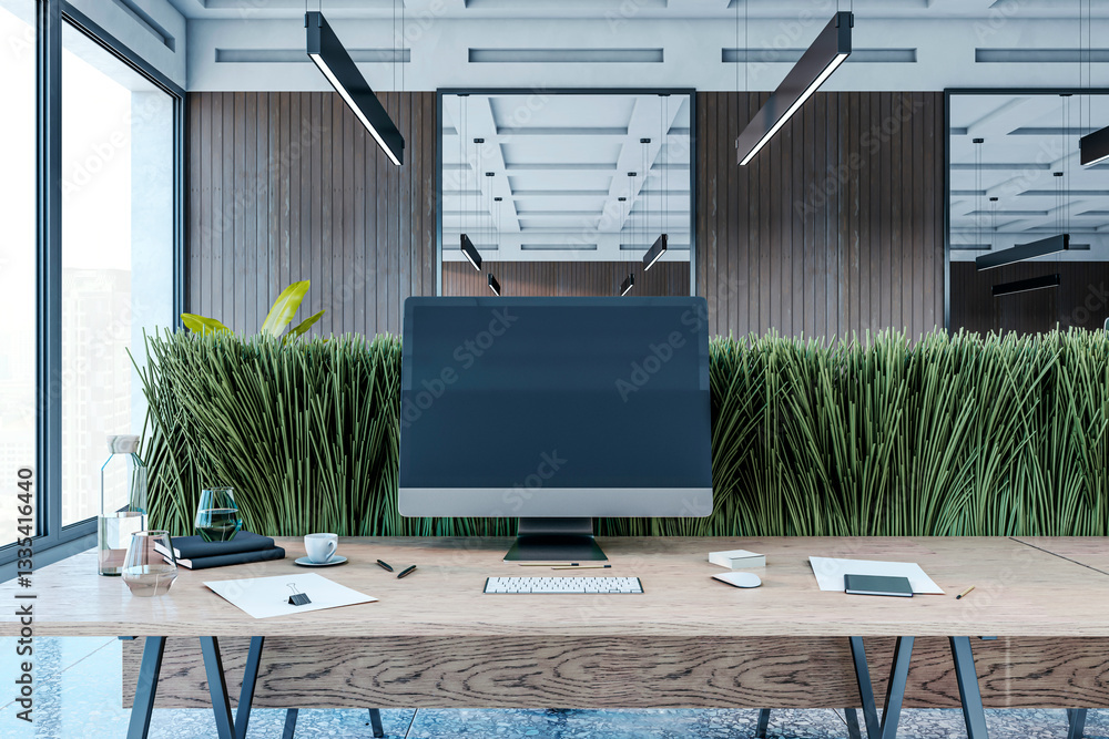 Poster Modern workspace with desktop computer on wooden desk in contemporary office. 3D Rendering