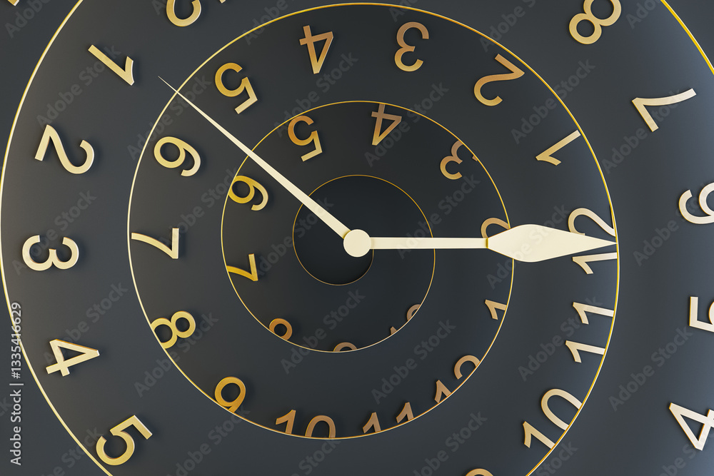 Aufkleber Spiral clock with golden numbers and hands on dark background. 3D Rendering