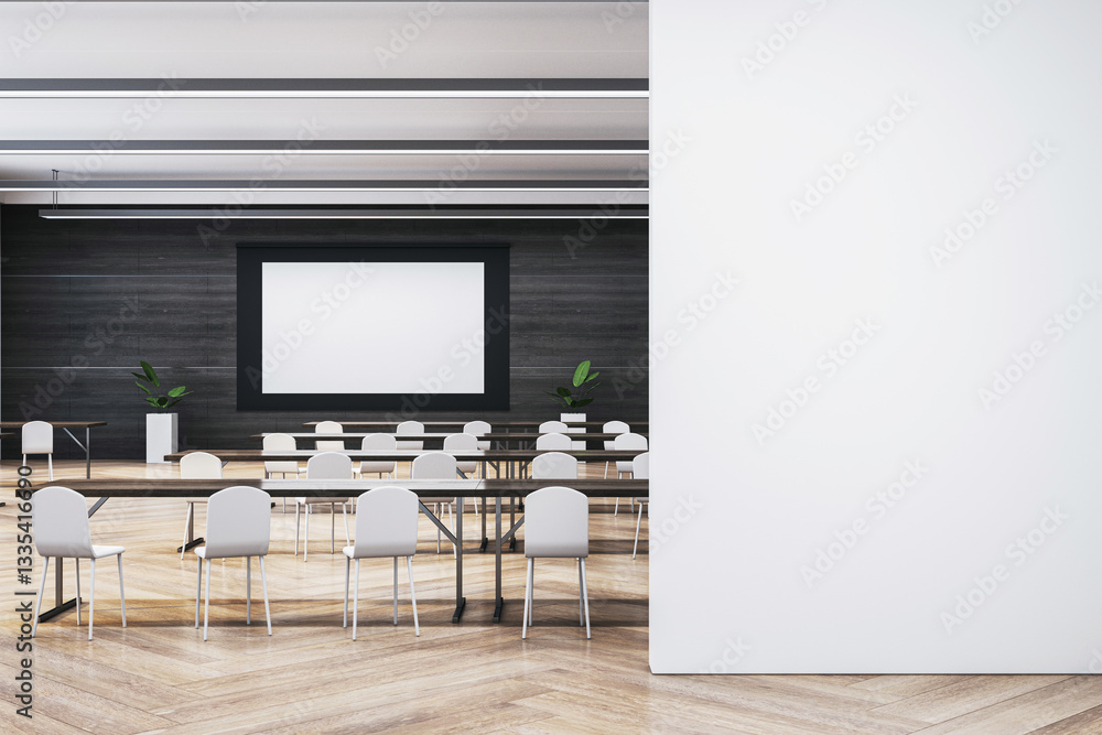 Poster empty modern classroom with white chairs and screen. 3d rendering