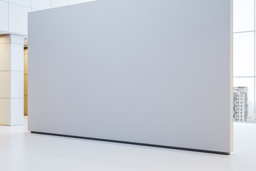 Blank exhibition wall in modern interior space with city view. 3D Rendering