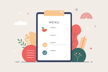 Creative vector illustration of a digital menu with foods and checkboxes for a dining experience