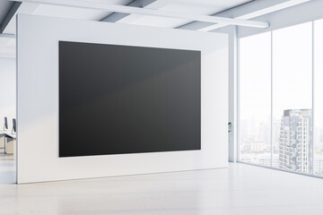 Blank black poster mockup on white office wall with city view. 3D Rendering