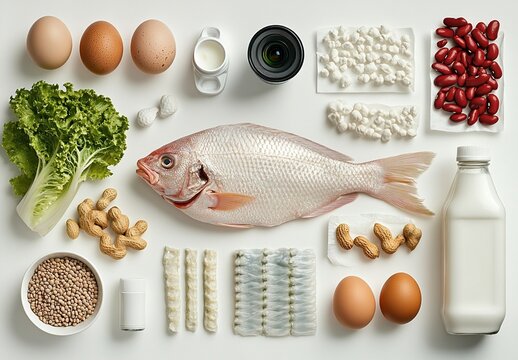 Flat lay of common allergy-causing foods.