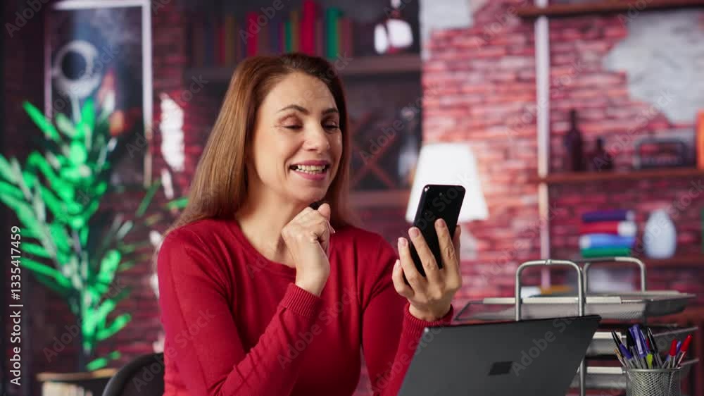 Poster mature woman engaging in virtual workshop to learn new skills for job, interacting with the coach. a