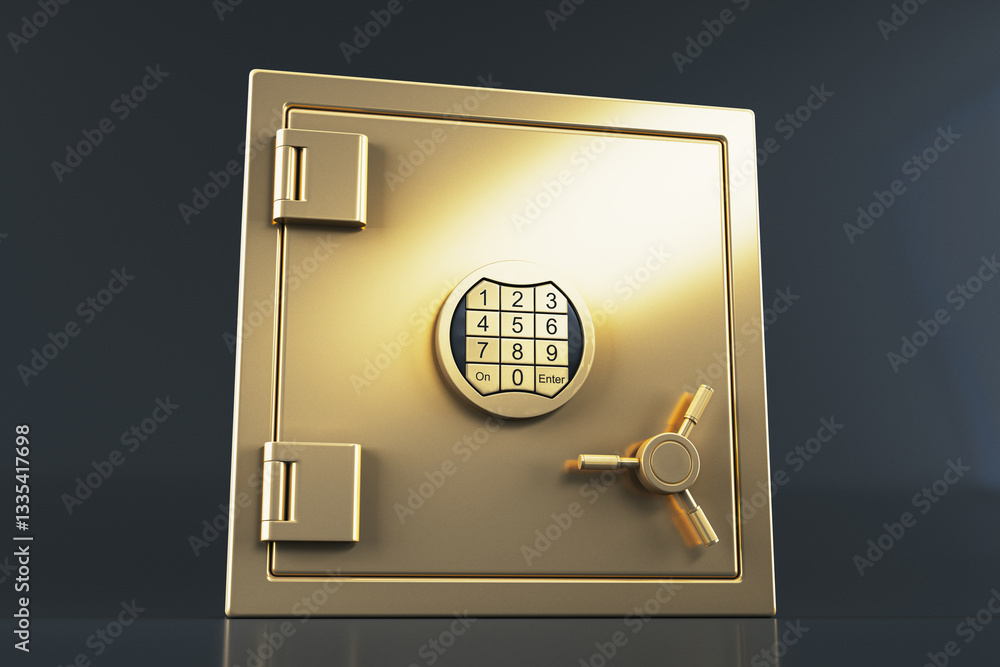 Poster Golden safe vault with digital keypad and secure locking mechanism. 3D Rendering