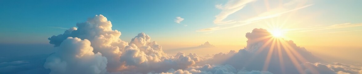 Vast azure expanse, wispy clouds bathed in golden morning light , golden, sunlight