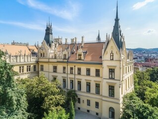 Obraz premium Grand architectural building with tall spires set against a blue sky