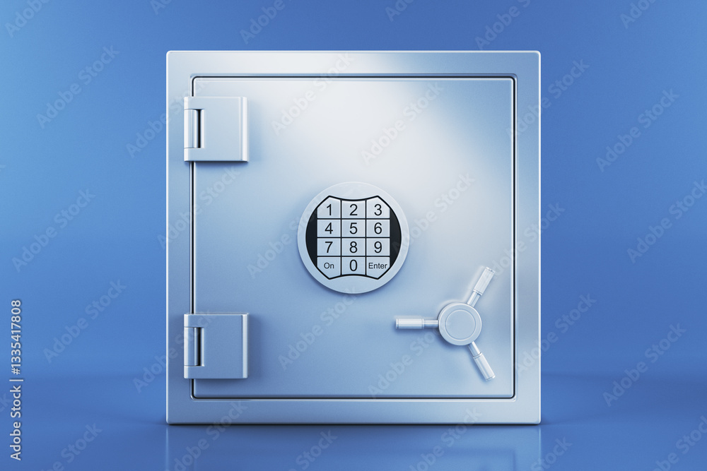 Aufkleber secure metal safe box with digital keypad lock on blue background. 3d rendering