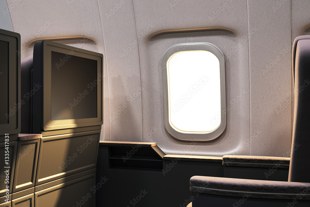 Poster luxury airplane interior with blank tv screen and illuminated window. 3d rendering
