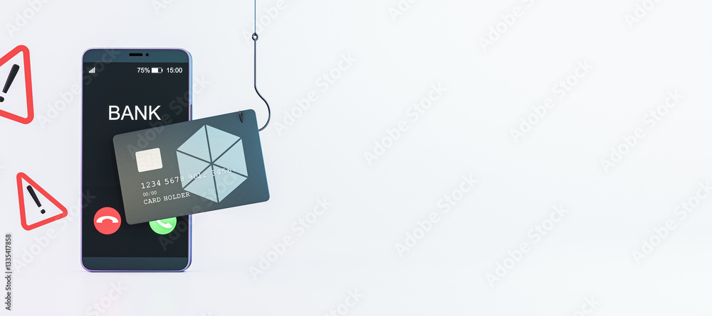 Aufkleber phishing scam concept with smartphone and credit card on hook. 3d rendering