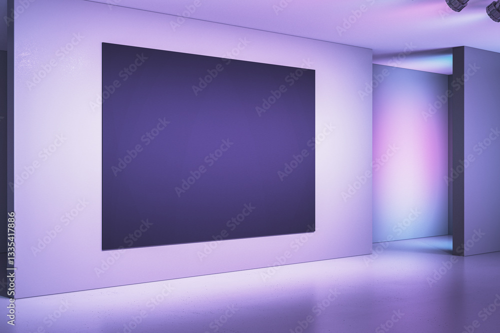 Poster modern exhibition space with blank purple canvas on gallery wall. 3d rendering