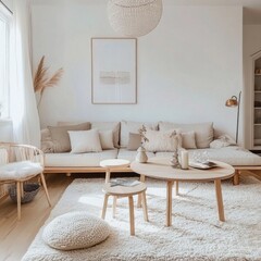 A cozy and serene living room area with neutral tones