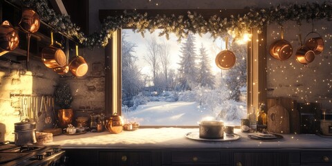 Obraz premium A cozy winter kitchen looking out at the snow covered landscape