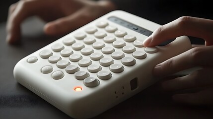 Hands using a white, compact, button-based electronic device.