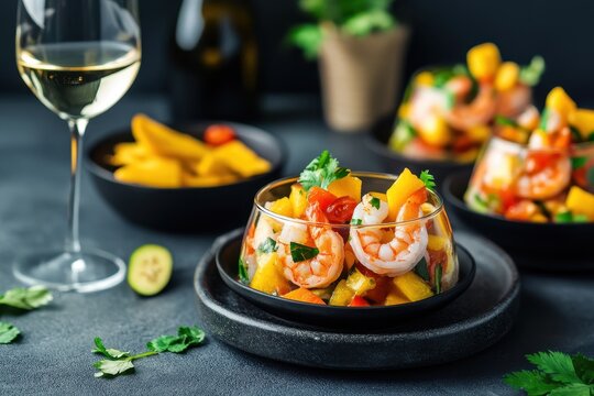 Three vibrant shrimp ceviche featuring mango avocado and tomatoes Latin American cuisine Paired with white wine and banana chips