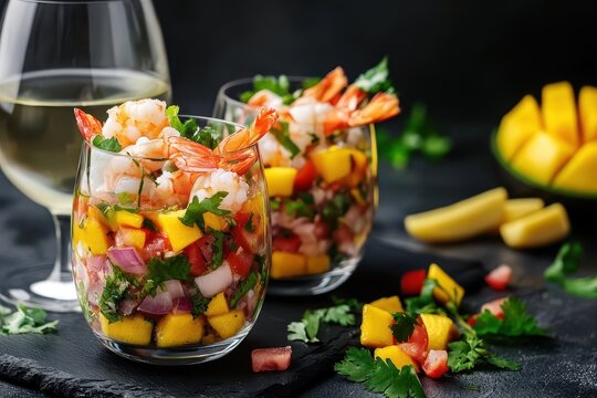 Three vibrant shrimp ceviches featuring mango avocado and tomatoes Latin American cuisine Accompanied by white wine and banana chips