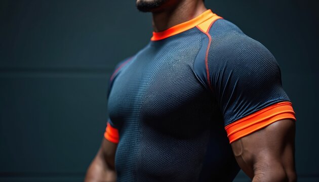 Close-up athletic man wears tech compression sports shirt, textured fabric neon orange accents. Designed for performance fitness activities. Perfect for gym, running, training, workout. Sport