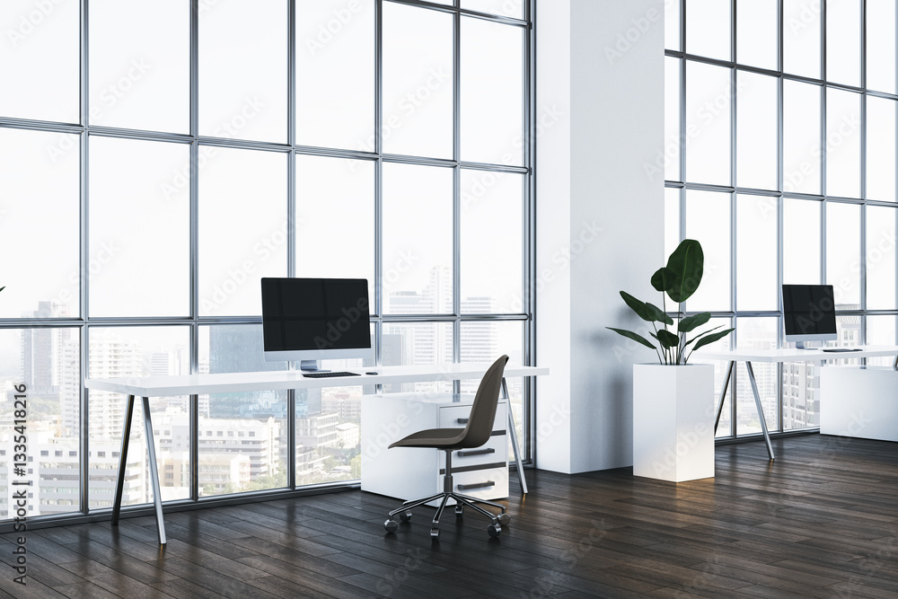 Poster modern office workspace with sleek desks, chairs, and computers near large glass windows overlooking