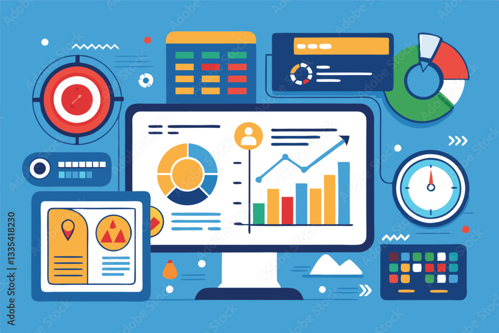 Poster illustration of a computer screen displaying various graphs, charts, and data visualizations in a co