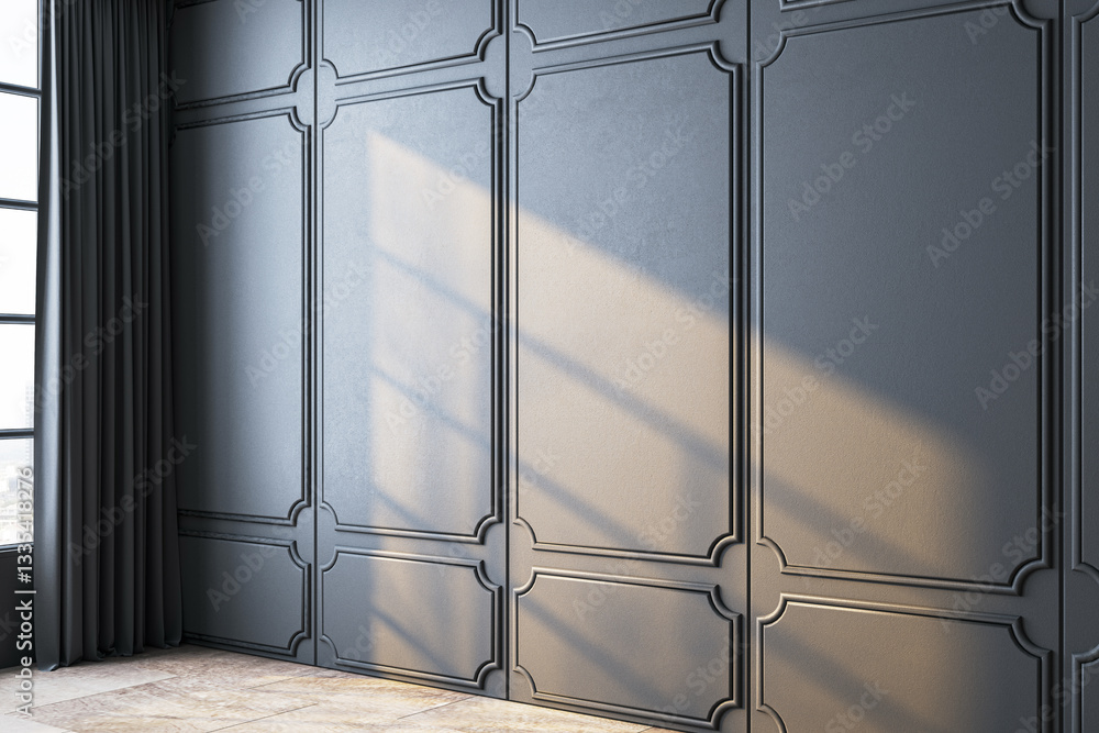 Poster elegant dark panel wall with sunlight and shadows in modern interior. 3d rendering