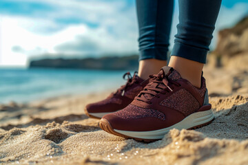 A close-up photo of brown and burgundy sneakers on sand, showing off intricate shiny textures.