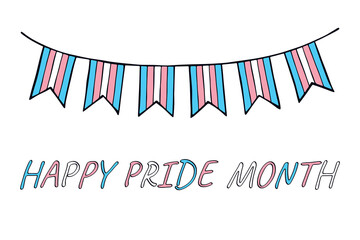 Obraz premium Colorful garland Transgender pride flag Happy pride day LGBTQIA community Pride Month Vector hand drawn doodle for posters, stickers, logo, cards