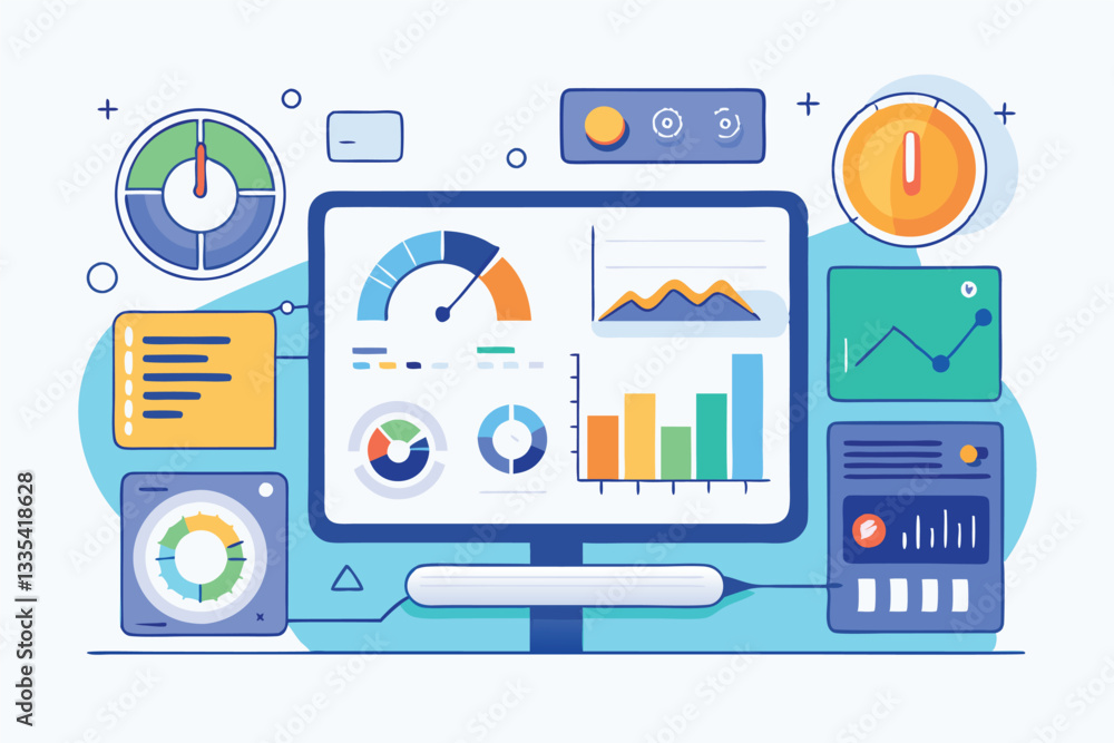 Poster illustration of a computer screen displaying various graphs, charts, and data visualizations in a co