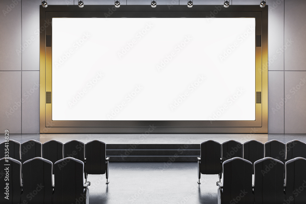 Poster modern cinema theater with large blank screen and empty seats. 3d rendering
