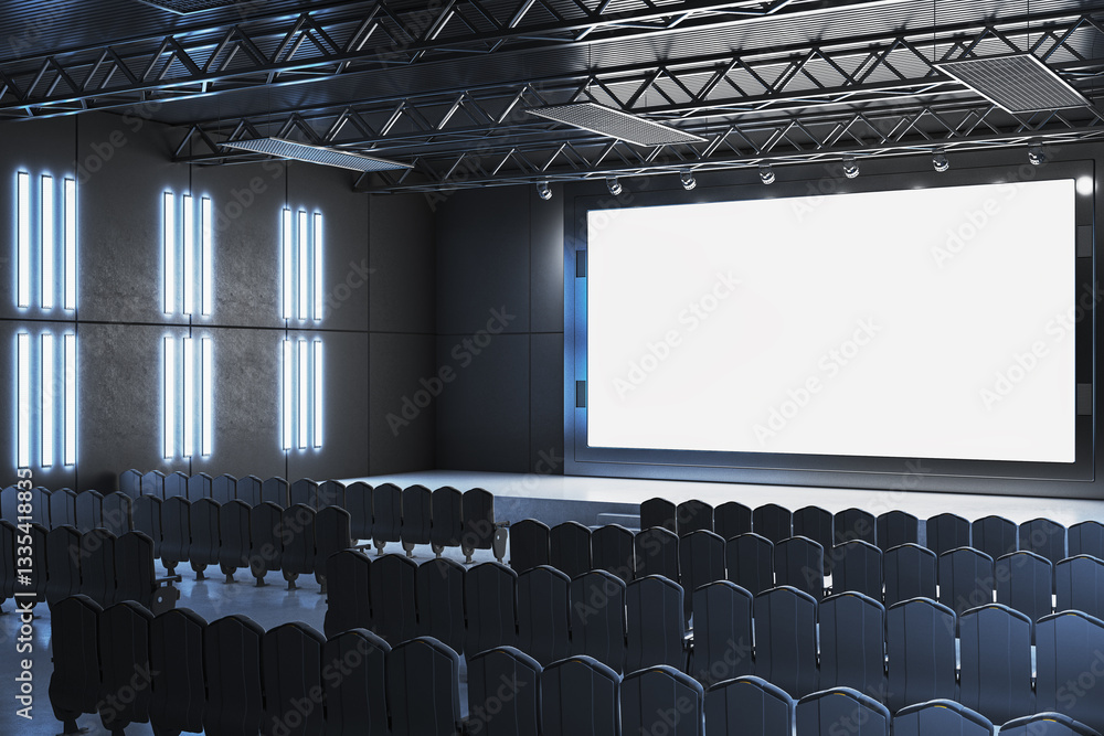 Poster modern cinema interior with large blank screen and empty black chairs. 3d rendering