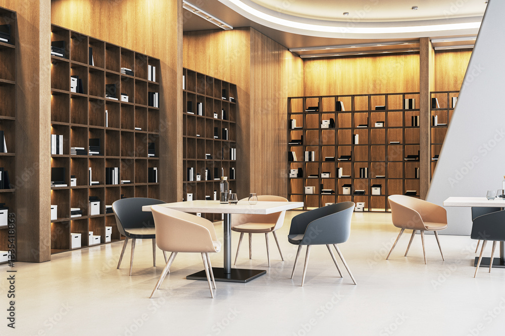 Poster modern library interior with bookshelves, tables, and chairs in a well-lit space. 3d rendering
