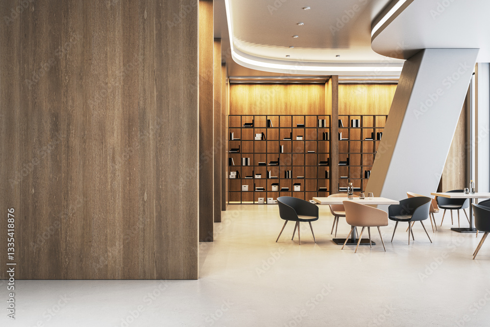 Poster modern library cafe interior with bookshelves and seating area. 3d rendering