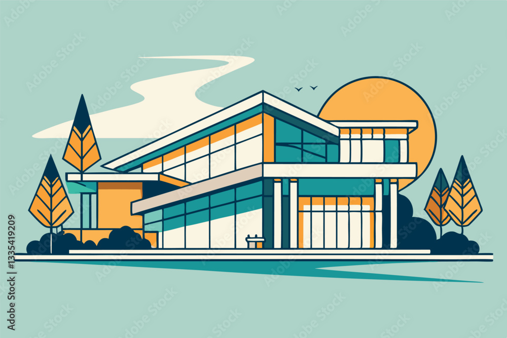 Poster modern architectural logo design featuring a colorful vector illustration of a stylish building with