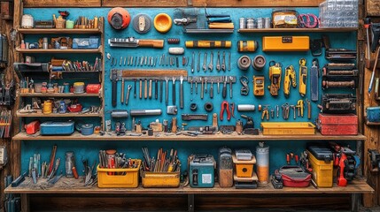 Organized workshop tools on teal wall shelves