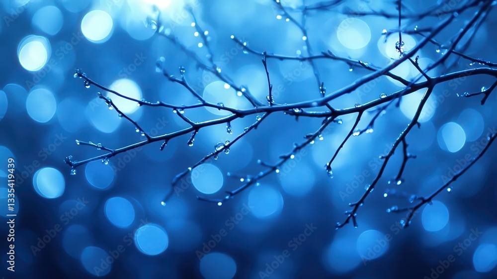 Poster rain-covered tree branch at night with bokeh background