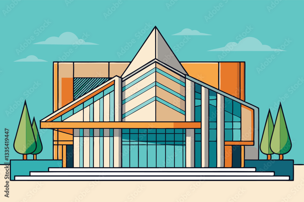 Aufkleber Modern architectural logo design featuring a colorful vector illustration of a stylish building with large windows and unique structure in a simplified style