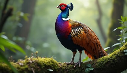 Fototapeta premium Majestic Ihles pheasant displays vibrant plumage. Colourful bird stands on mossy branch in natural forest habitat. Avian creature exhibits striking feathers, embodying nature conservation, wild bird