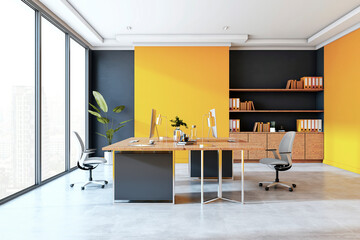 Modern executive office interior with stylish furniture and large windows. 3D Rendering